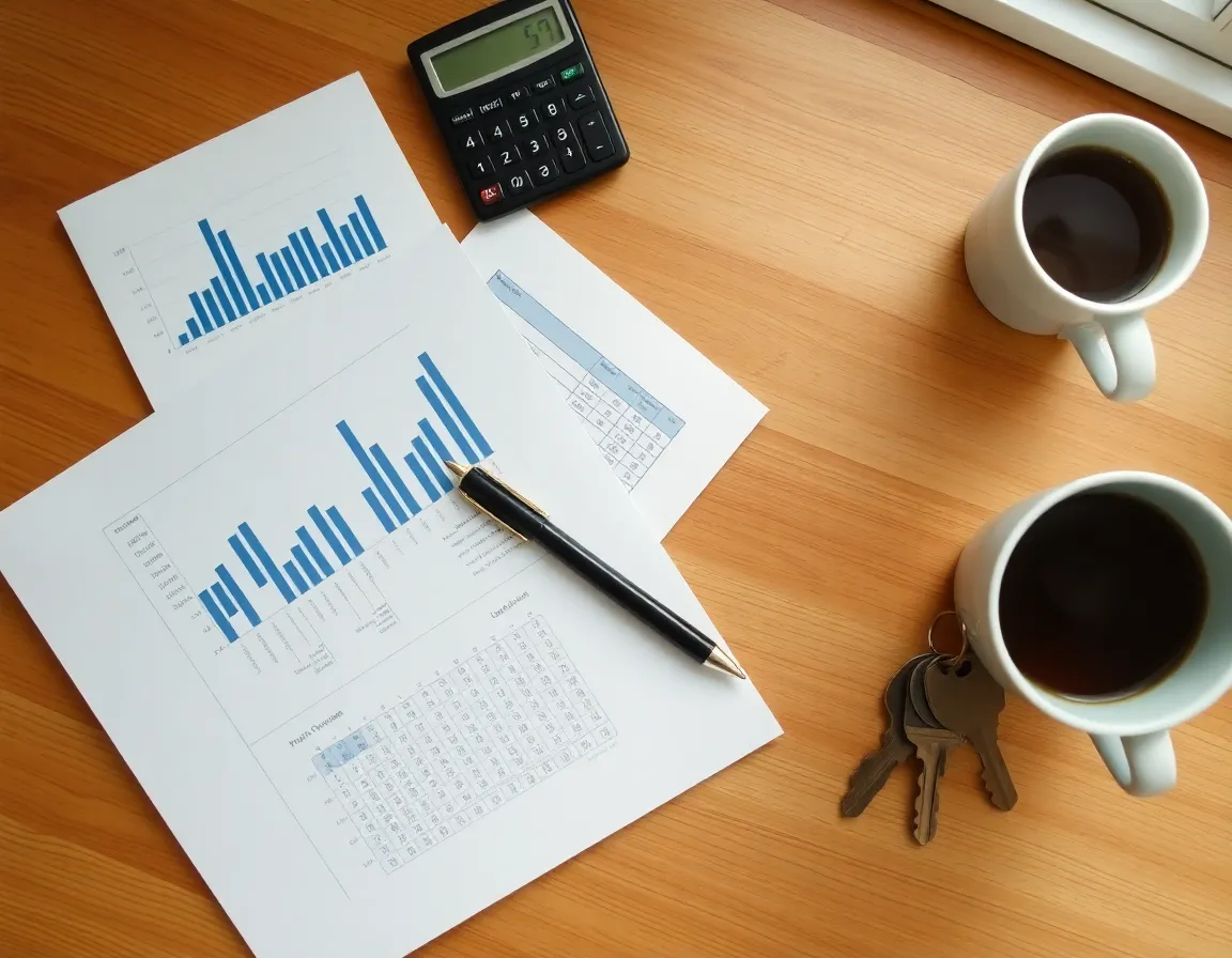 Business plan immobilier : tableaux et graphiques financiers imprimés sur un bureau, à côté de clés et d’une calculatrice