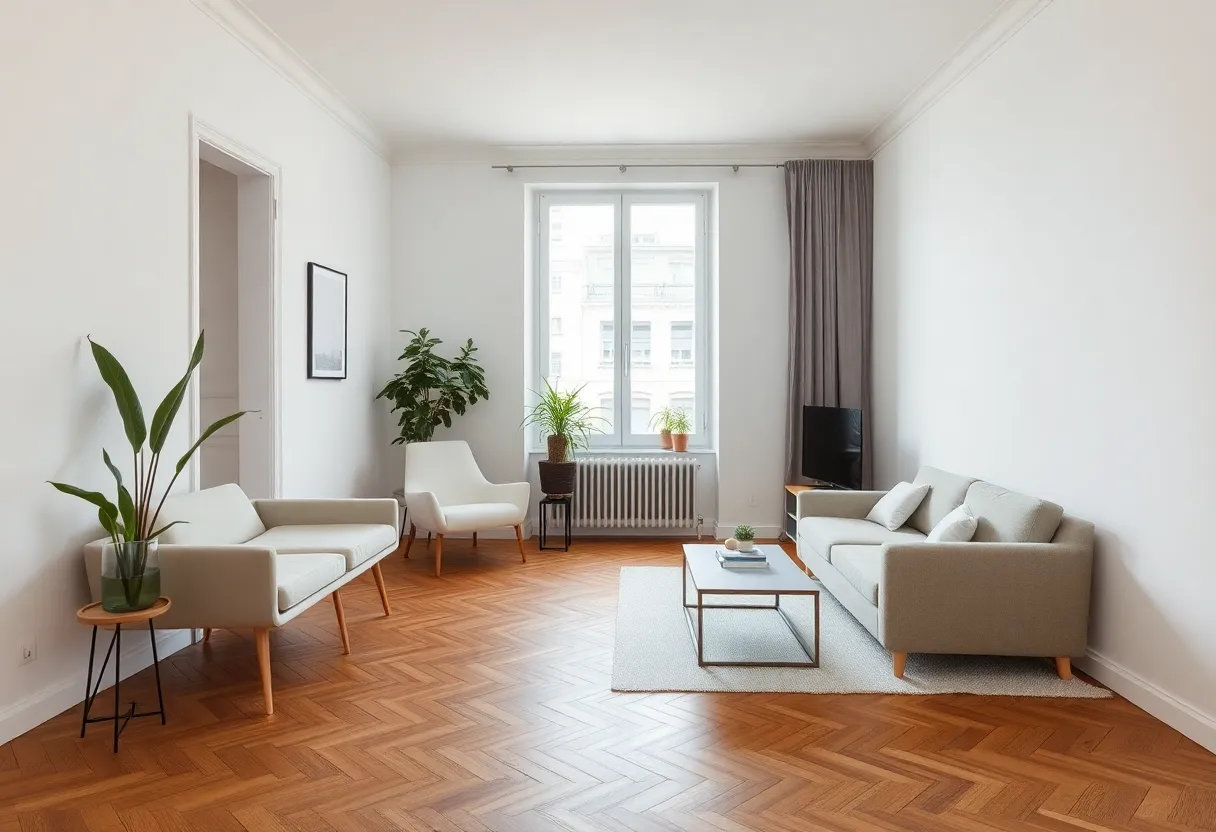 Séjour lumineux au parquet en point de Hongrie, meublé et prêt à louer